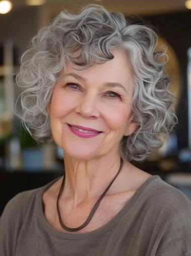 Curly Grey Bob Wig Lace Front With Bangs Curly 10" Wigs