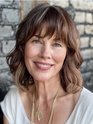 French Bob Wig With Bangs Chin Length Wavy Remy Human Hair Wigs