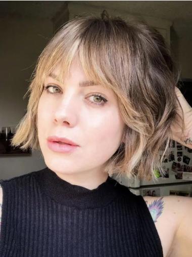 Ladies Bob Style Wigs With Bangs Chin Length Wavy Synthetic Wigs
