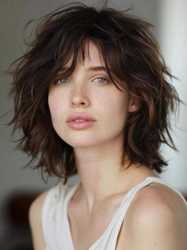 Bob Style Wigs Brown Layered Chin Length Wavy Synthetic Wigs