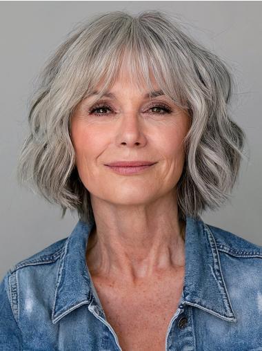 Silver Grey Bob Wig Lace Front With Bangs Wavy 10" Wigs