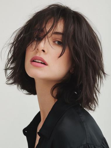 Black Long Bob Wig With Bangs Shoulder Length Wavy Synthetic Wigs