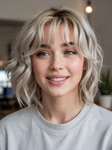 Blonde Bobbed Wigs With Bangs Chin Length Wavy Remy Human Hair Wigs