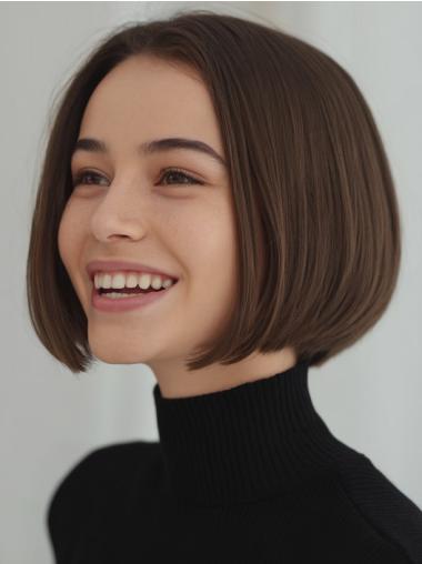Brown Bob Wig Straight Remy Human Hair Chin Length Without Bangs Wigs