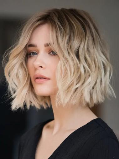 Bob Style Human Hair Wigs Wavy 10" Monofilament Chin Length Wigs