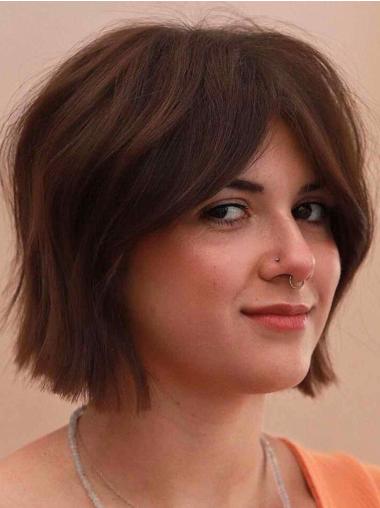 Real Looking Brown Bob Wigs Layered Chin Length Wavy Synthetic Wigs