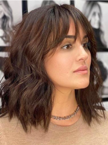 Brown Bob Wigs Wavy Remy Human Hair Shoulder Length With Bangs Wigs