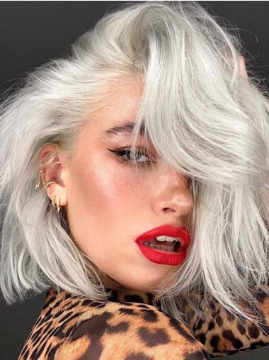 Grey Bob Wig Human Hair Lace Front Layered Wavy 12" Wigs