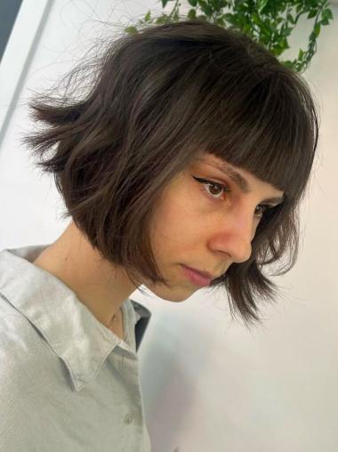 Wigs Black Bob Wavy Synthetic Chin Length With Bangs Wigs