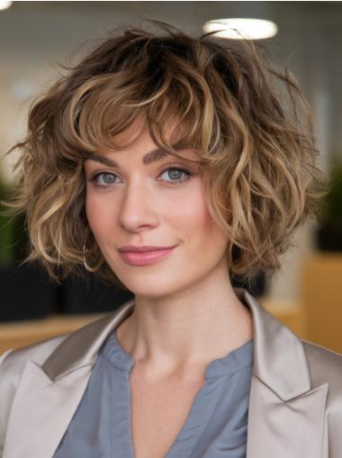 Womens Curly Bob Wigs Monofilament Chin Length 10" With Bangs Wigs