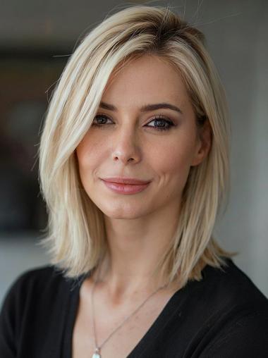 Long Bob Wig Human Hair Straight 12" Monofilament Shoulder Length Wigs