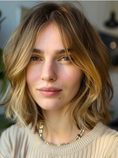 Bob Style Human Hair Wigs Wavy 12" Monofilament Shoulder Length Wigs