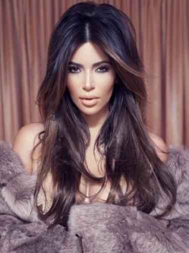 Real Celebrity Lace Wigs Without Bangs Remy Human Hair 22 Inches Soft Kim Kardashian