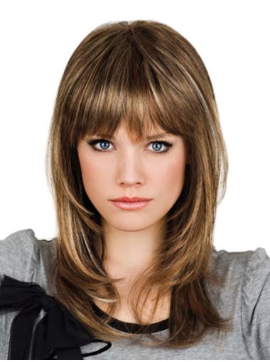 Shoulder Length Wavy Brown Medium Wig With Bangs