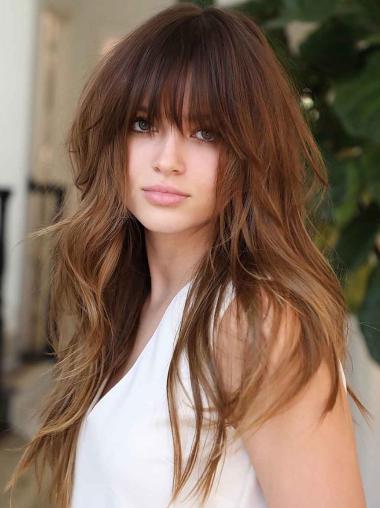 Long Wigs With Bangs Human Hair 20" Monofilament Wavy Wigs