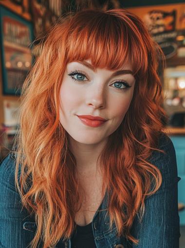 Long Wavy Wig With Bangs Monofilament 16" Synthetic Wigs