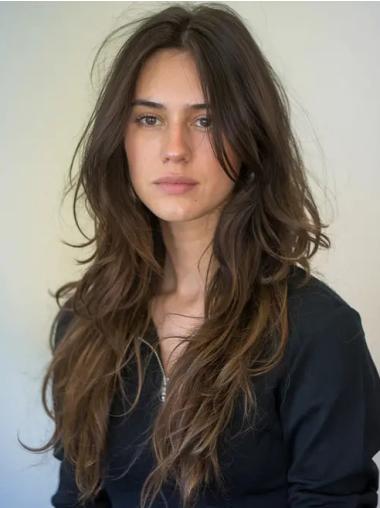 Long Brown Wig Human Hair Layered Lace Front 24" Wigs