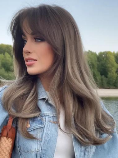 Long Grey Wigs With Bangs Wavy Lace Front 18" Synthetic Wigs