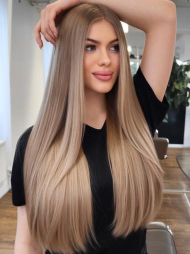 Long Blonde Human Hair Wigs 24" Lace Front Without Bangs Wigs