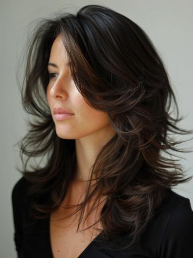 Long Black Human Hair Wig Layered Lace Front 16" Wigs