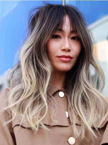 Human Long Hair Wigs With Bangs 18" Lace Front Wigs