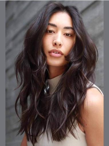 Long Black Human Hair Wigs Layered Lace Front 20" Wigs