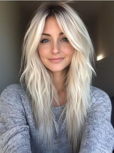 Long Shag Wigs Wavy Monofilament Platinum Blonde Layered Wigs