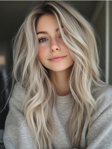 Long Blond Wigs Monofilament 18" Wavy Without Bangs Wigs