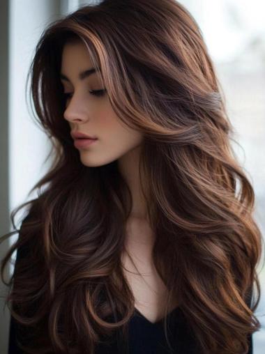 Very Long Hair Wigs Wavy Monofilament Brown Layered Wigs
