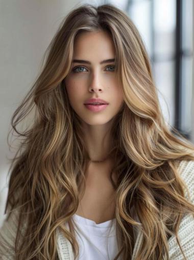 Wig Human Hair Long Without Bangs 24" Lace Front Wigs