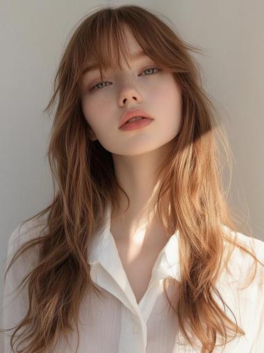 Human Hair Long Wigs With Bangs 20" Monofilament Wavy Wigs