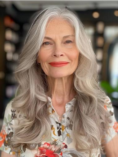 Long Grey Human Hair Wigs Wavy Monofilament Layered Wigs