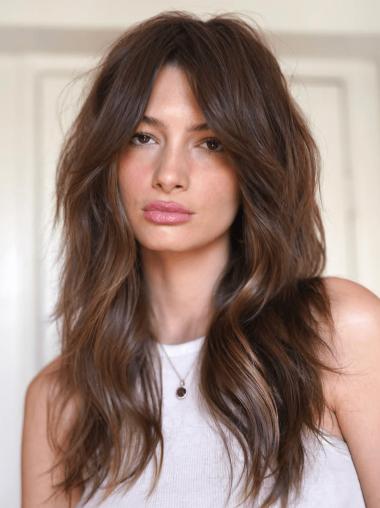 Long Brown Hair Wigs Lace Front 18" Layered Wavy Wigs