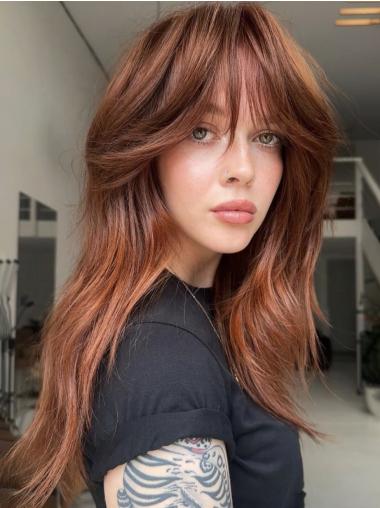 Long Auburn Wig Synthetic Wavy With Bangs Wigs