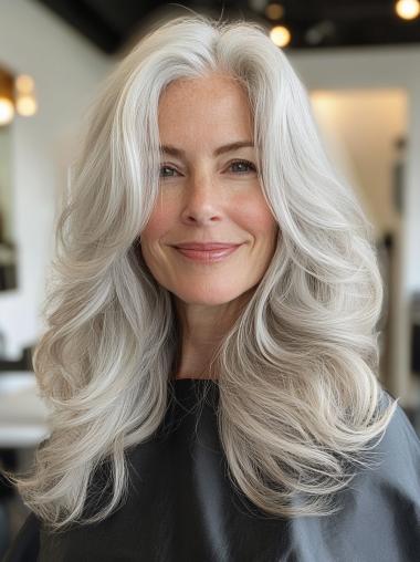Long Gray Human Hair Wigs Wavy Lace Front Layered Wigs