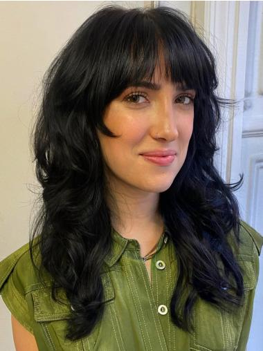 Long Human Hair Wigs With Bangs 16" Monofilament Wavy Wigs
