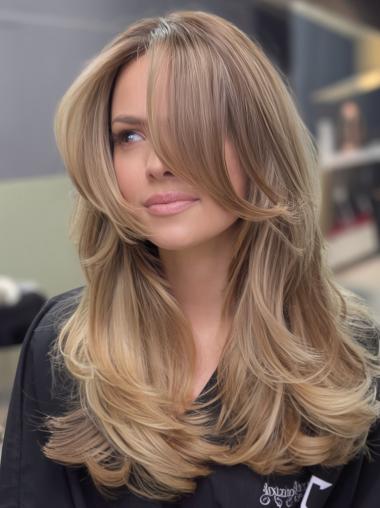 Long Blonde Human Hair Wig 18" Monofilament Wavy Wigs