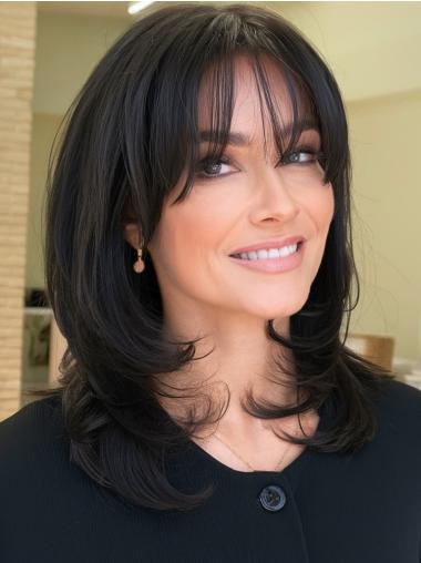 Long Straight Black Wig Synthetic 16" Monofilament Wigs