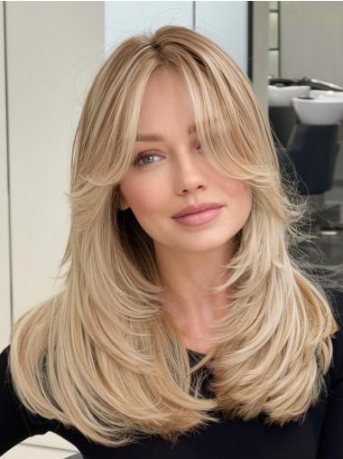 Long Blonde Wig Human Hair 18" Monofilament With Bangs Wigs