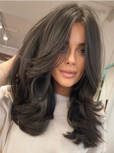 Long Black Wig Human Hair Layered Monofilament 18" Wigs