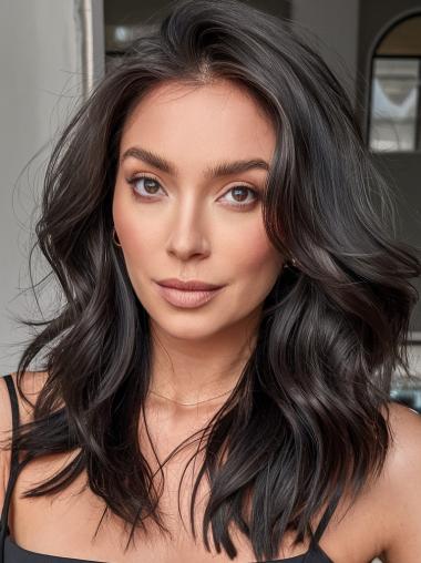 Long Black Human Hair Wig Layered Lace Front 16" Wigs