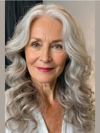 Long Silver Grey Human Hair Wigs Wavy Monofilament Layered Wigs