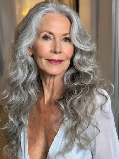 Long Grey Human Hair Wigs Wavy Monofilament Layered Wigs