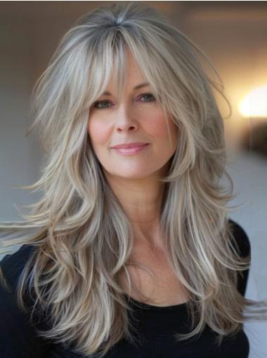 Long Wigs With Bangs Human Hair 18" Monofilament Wavy Wigs