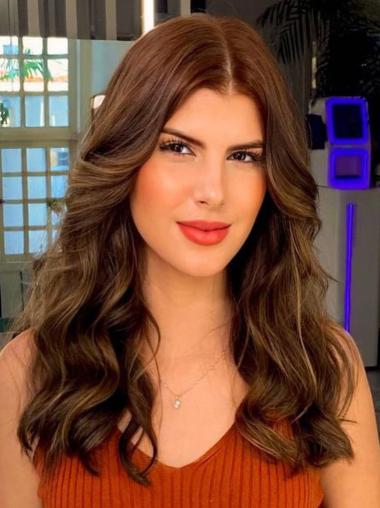 Long Brown Wig Human Hair Wavy Monofilament Layered Wigs