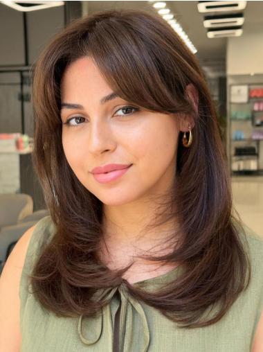 Long Brown Human Hair Wigs 16" Monofilament Wavy Wigs