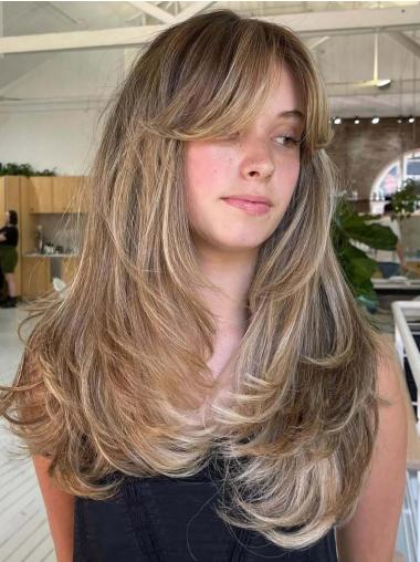 Human Hair Wig Long With Bangs 20" Monofilament Wigs