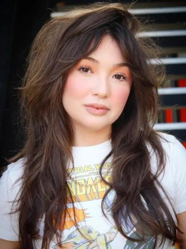 Long Wavy Human Hair Wigs Monofilament Brown 20" Wigs