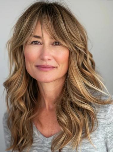 Long Wigs With Bangs Human Hair Lace Front Brown 18" Wigs