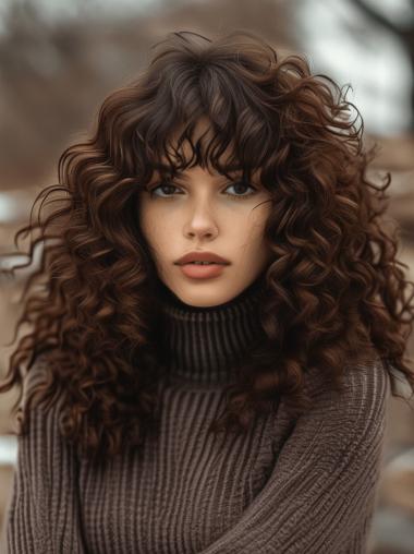 Long Curly Wig With Bangs 16" Monofilament Synthetic Wigs